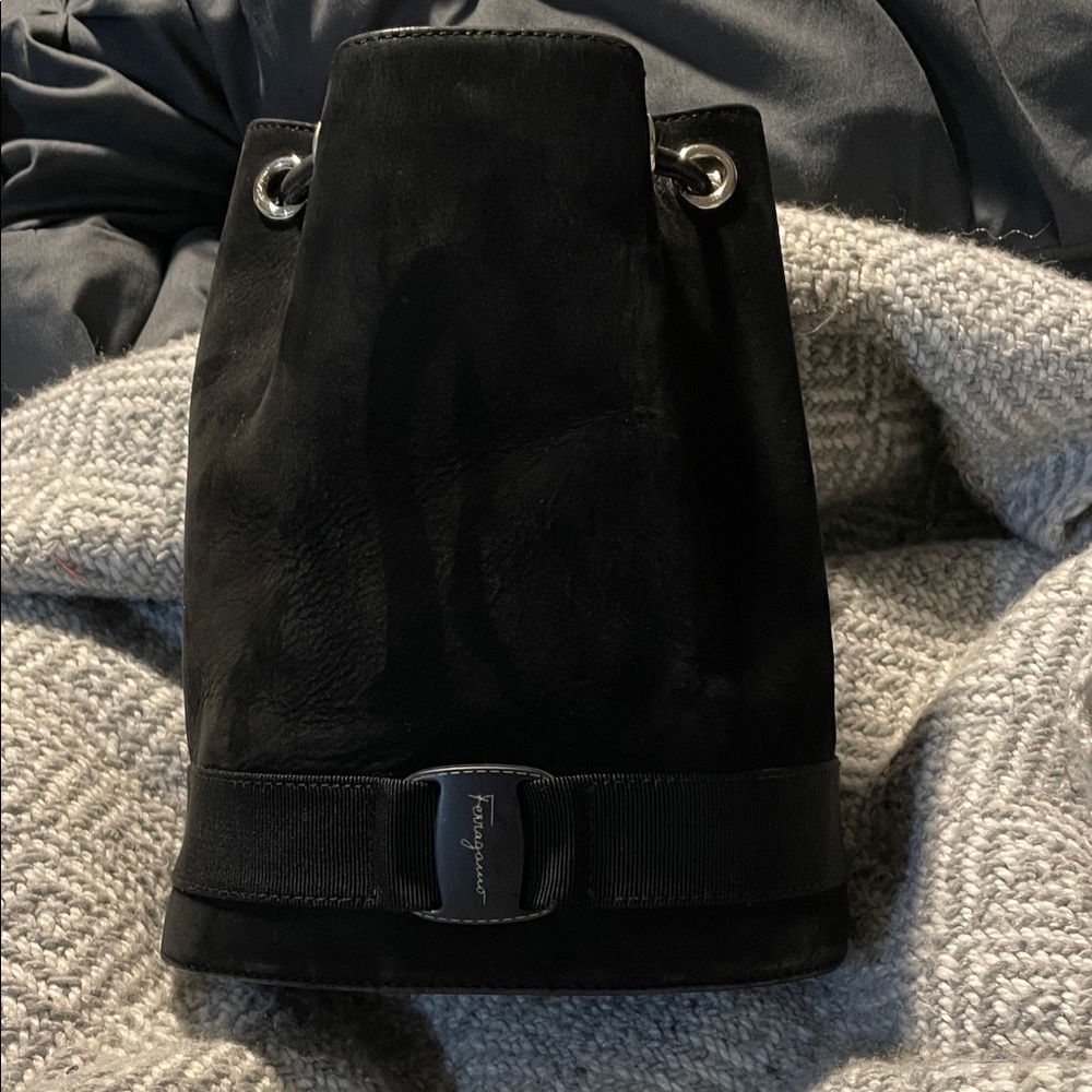 Salvatore Ferragamo black suede mini backpack/bucket bag